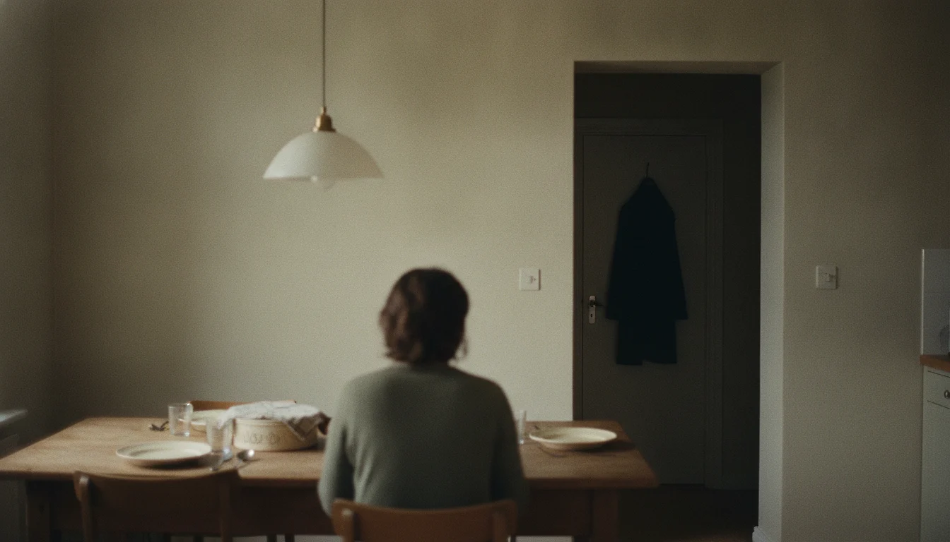 A person at a kitchen table set for two in the evening, half-turned toward the hallway where a coat hangs.