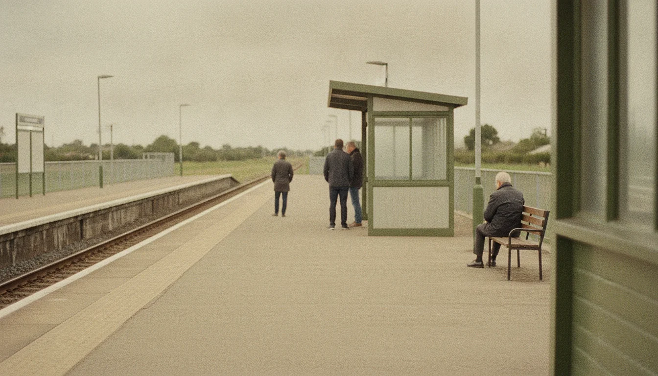 Four adults waiting on a station platform at clearly different distances from one another, all seen from behind.