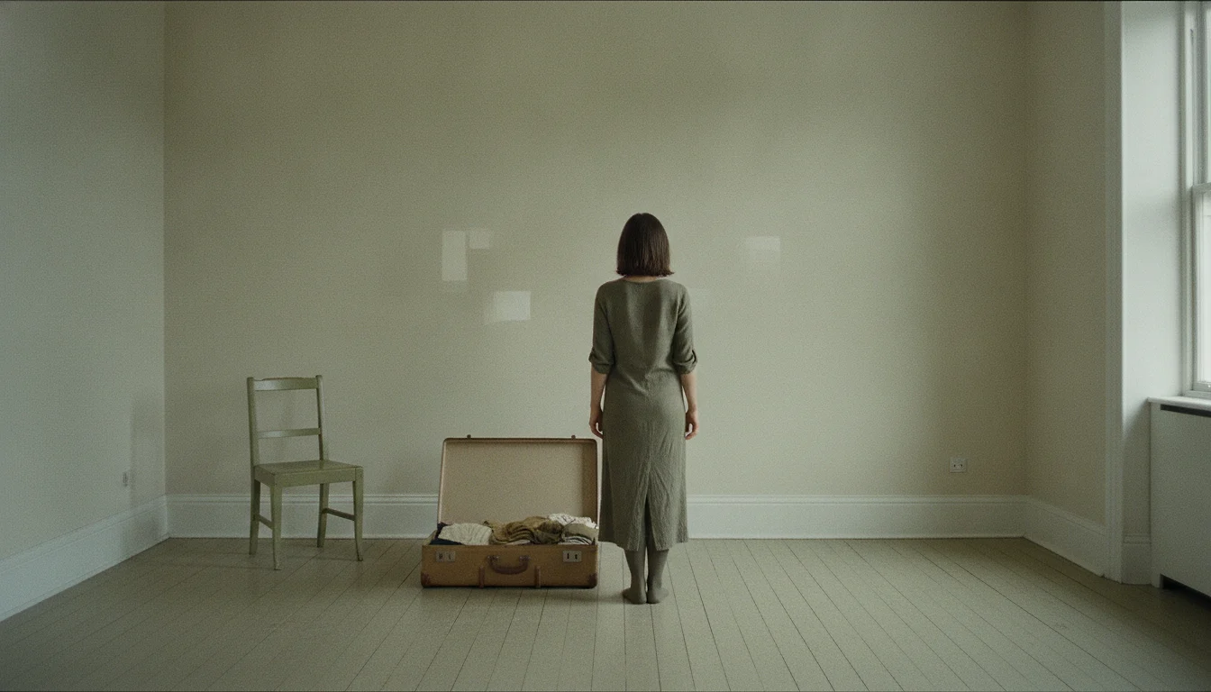 A woman standing with her back to the camera in a half-emptied room, an open suitcase on the floor behind her.