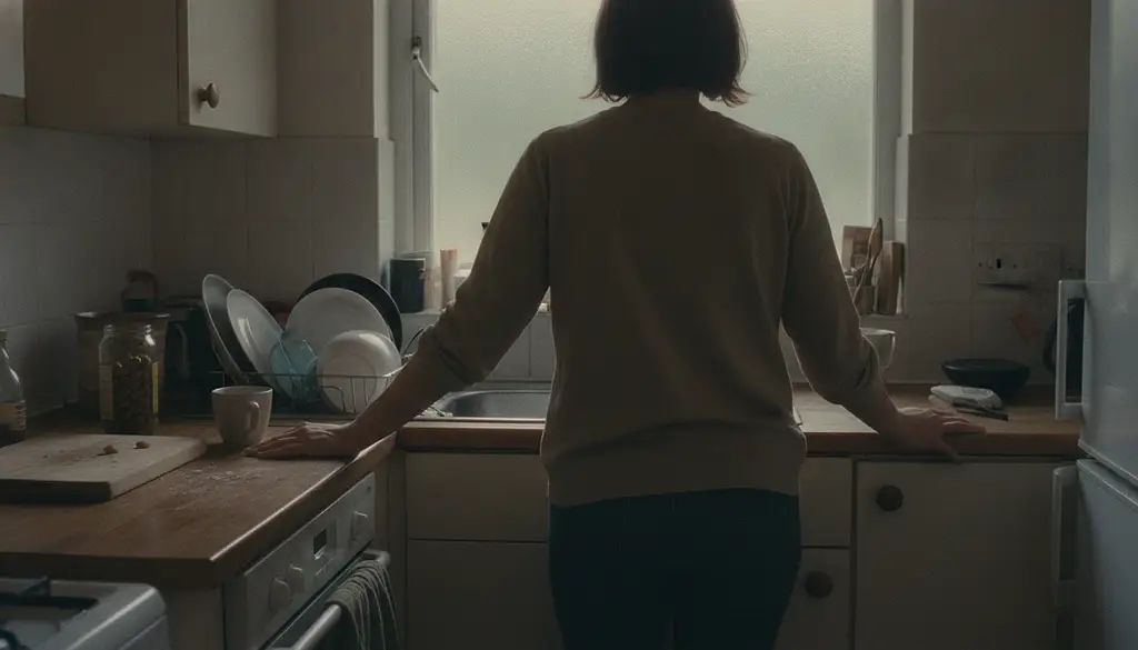 A woman standing at a kitchen counter in flat morning light, seen from close behind, both hands flat on the counter beside a full cup.