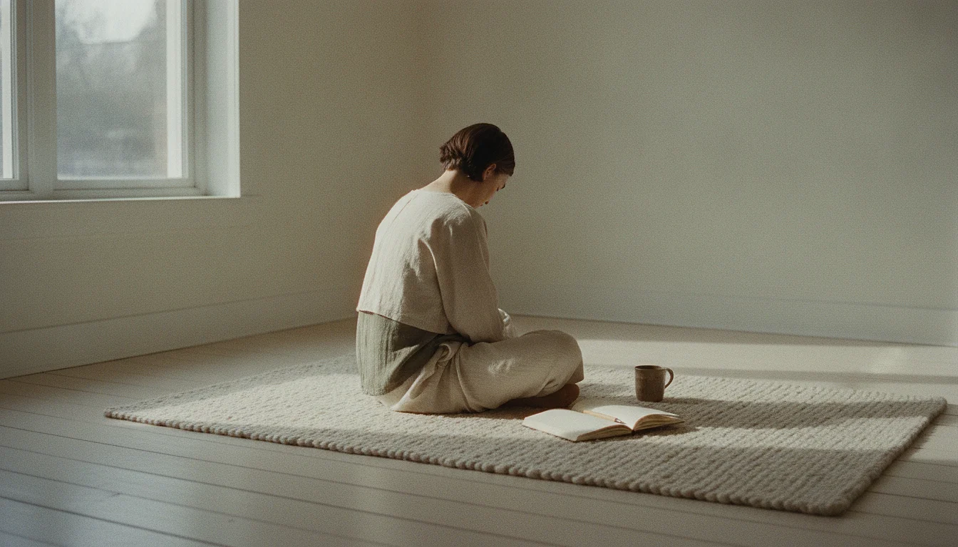 A person sitting on a rug by a window with their back to the camera, an open blank notebook and a cup on the floor beside them.