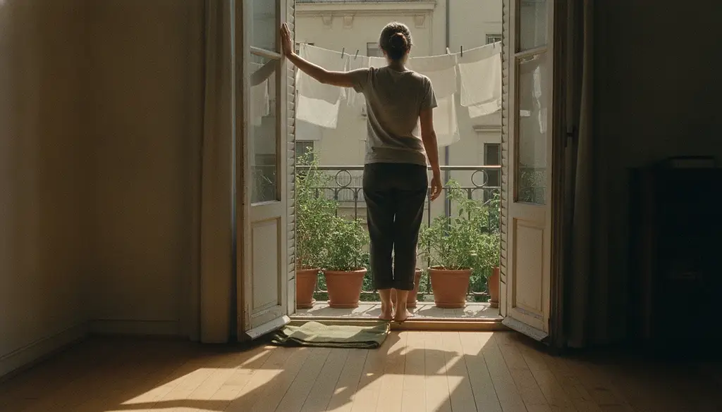 A woman standing barefoot at an open balcony door in early light, seen from behind, one hand on the frame.