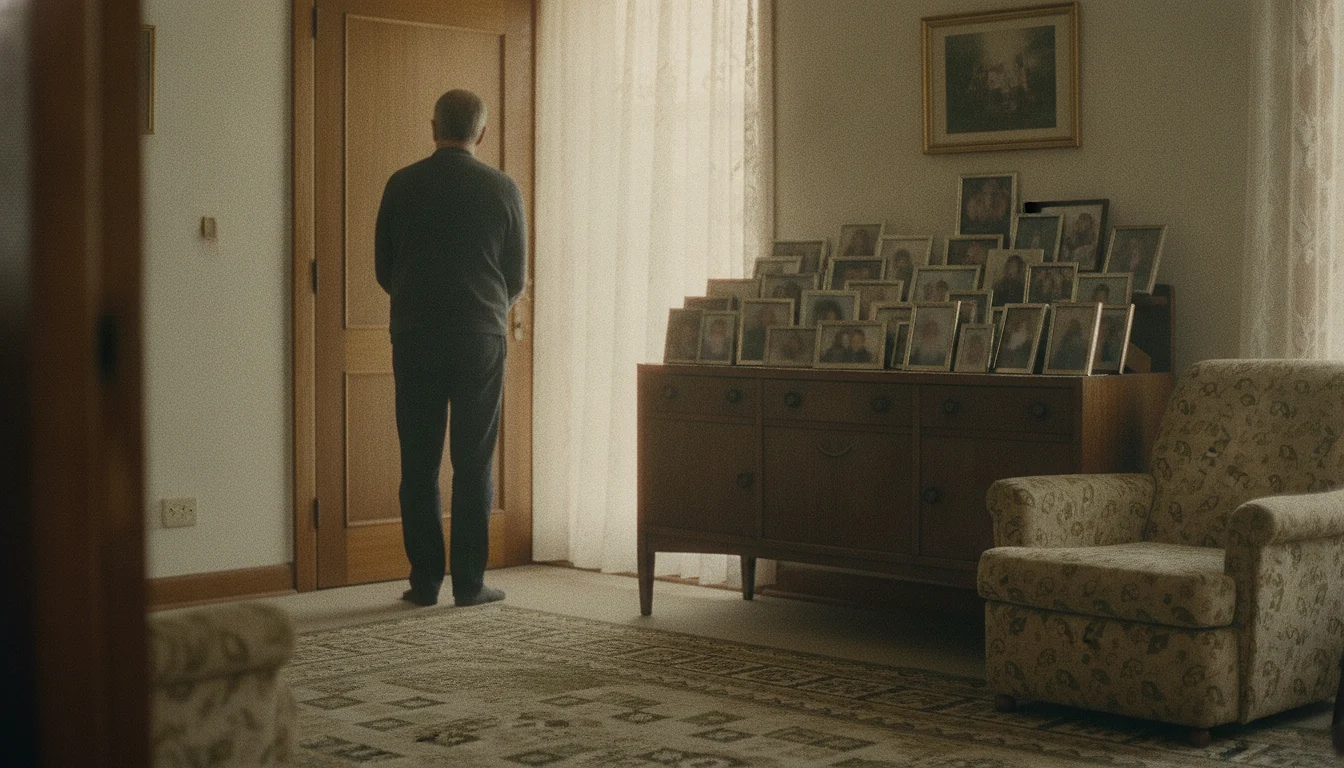An adult standing with their back to the camera in an older family living room, facing a sideboard crowded with framed photographs.