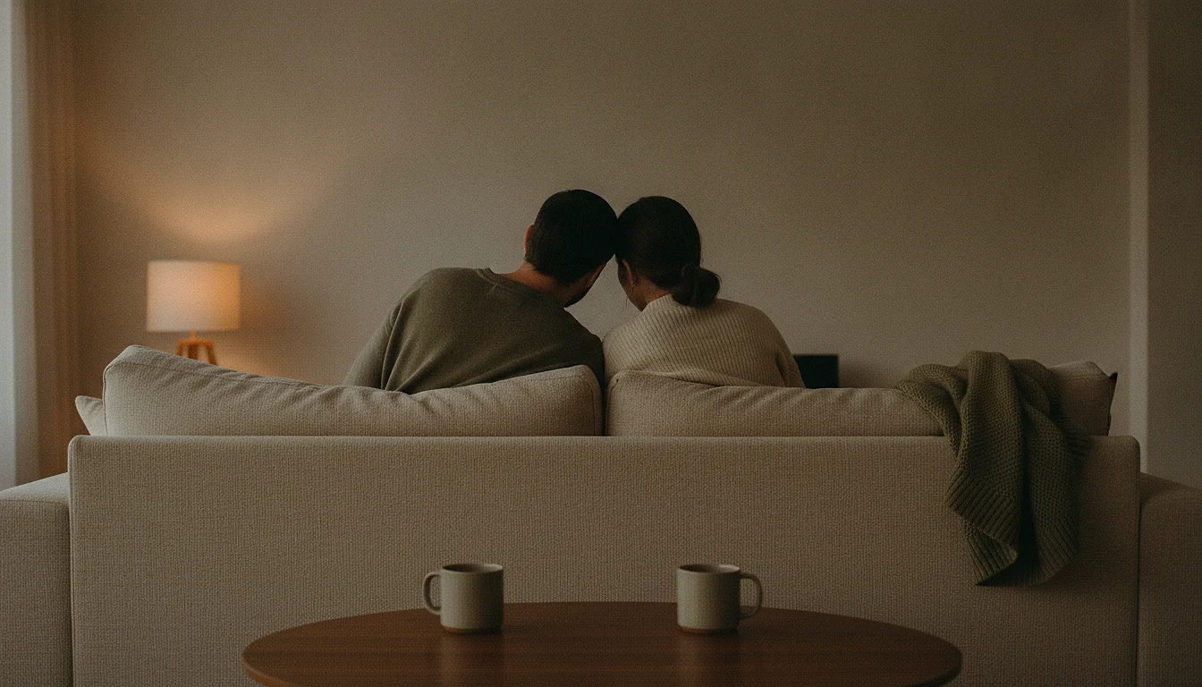 Two people on a sofa seen from behind, heads inclined toward each other, two mugs on the low table in front of them.
