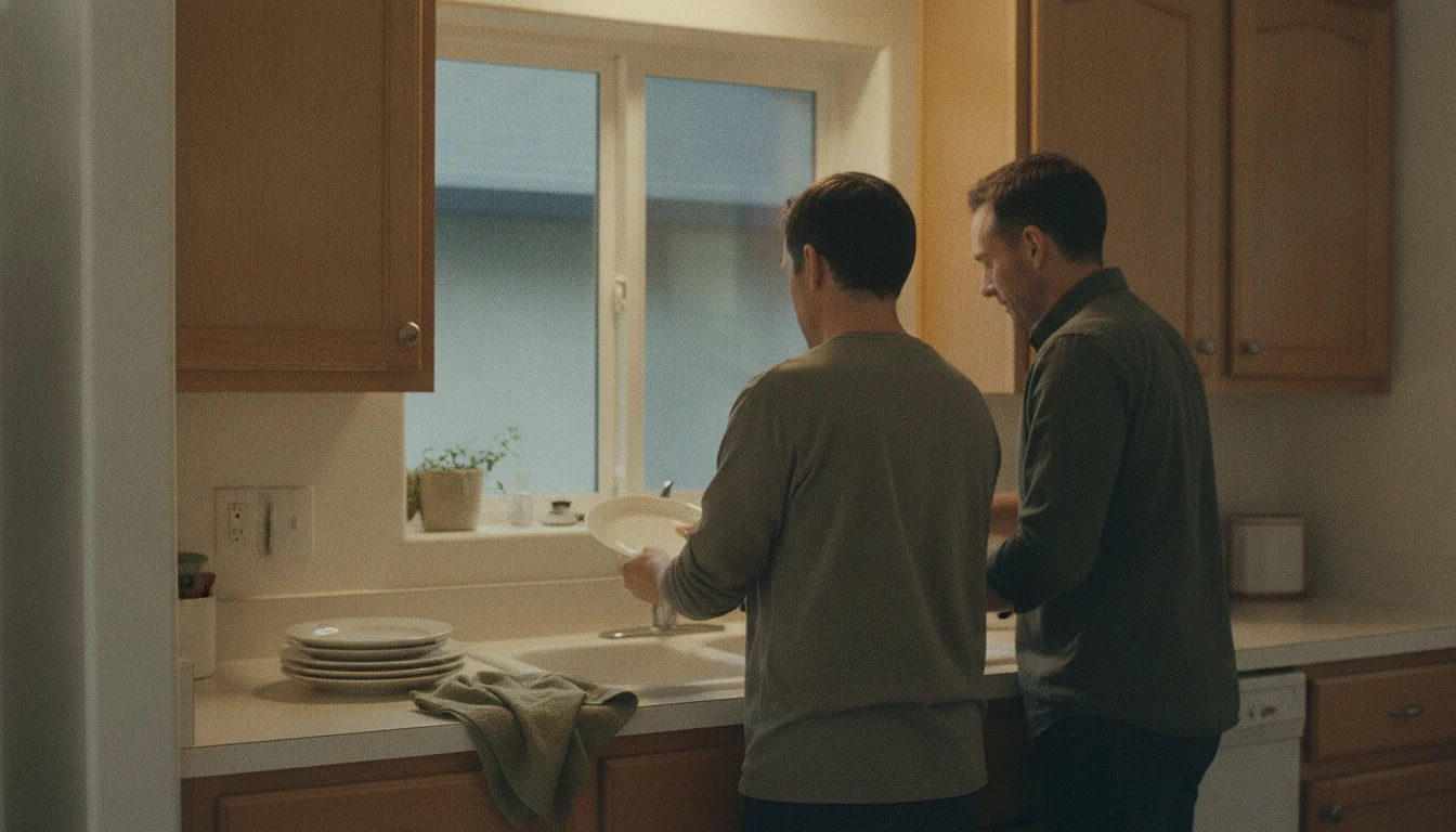 Two people side by side at a kitchen sink in the evening, seen from behind, one passing a plate to the other.