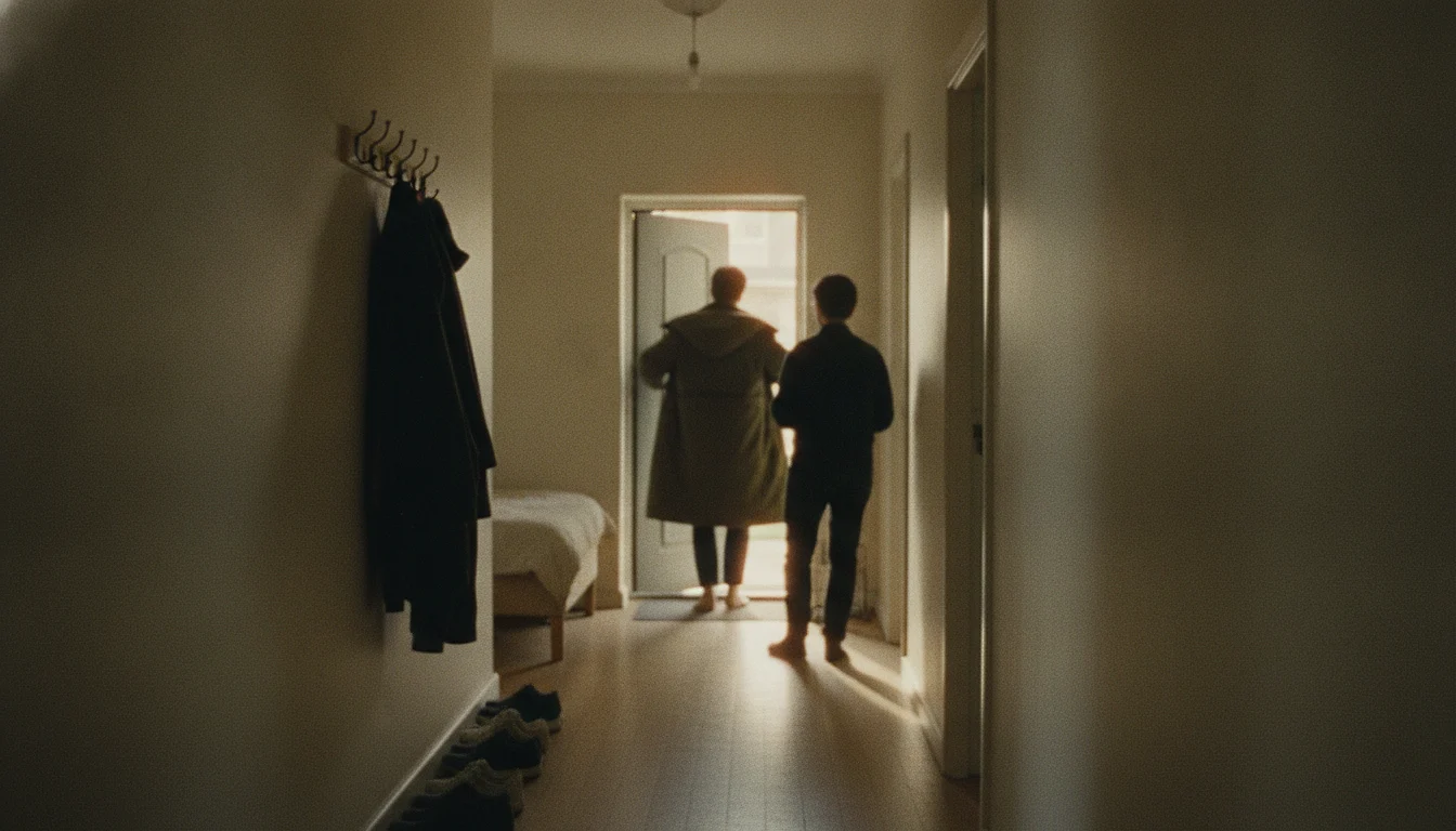 A hallway where one person is pulling on a coat in the open front door and another stands a few steps behind, both seen from behind.