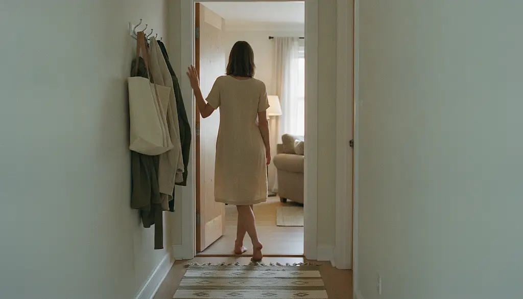 A woman standing in a bright hallway with one hand on the frame of an open door, seen from behind, a lit room beyond her.