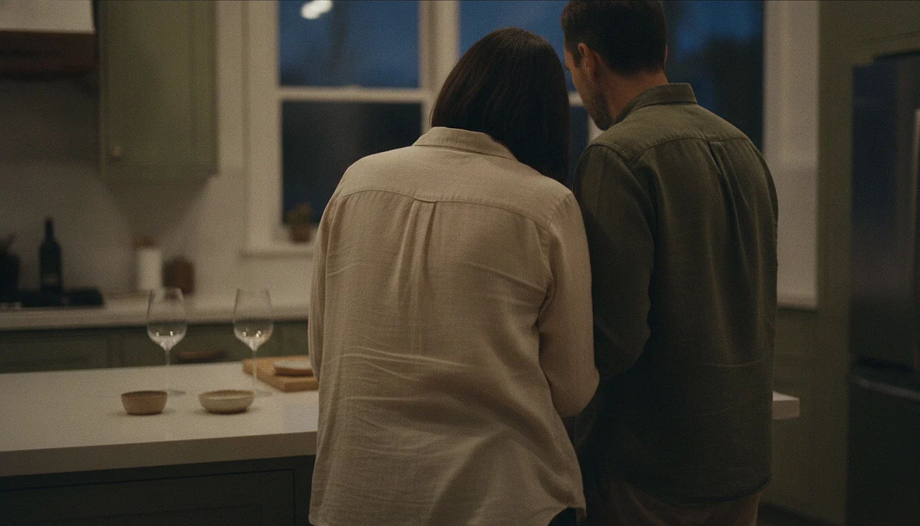 Two people at a kitchen counter in the evening, seen from behind, one standing half a step closer than the other.