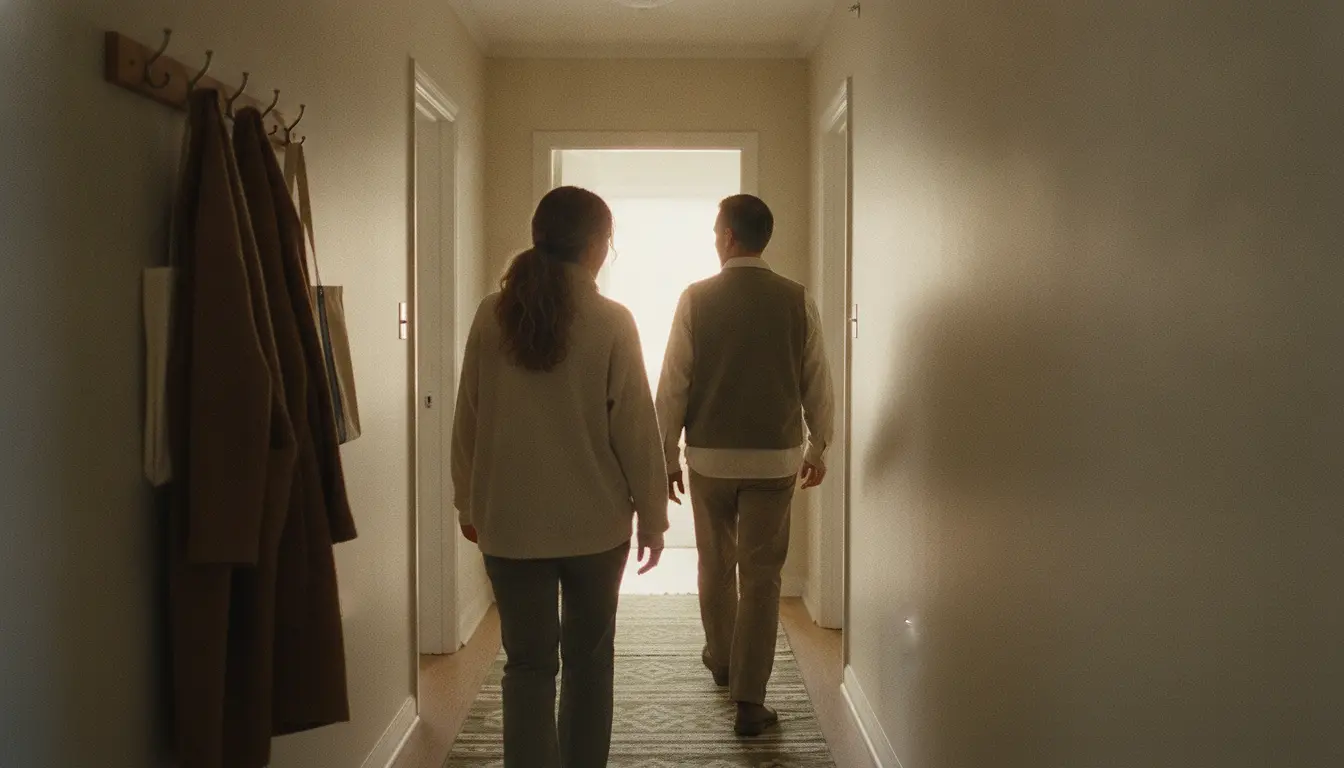 Two adults walking away down a narrow apartment hallway toward a lit doorway, both seen from behind, one a half-step ahead of the other.
