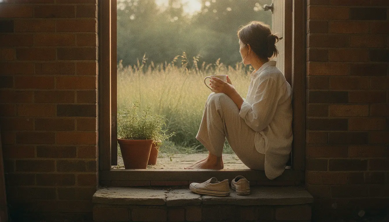 A woman sitting in a brick doorway in low golden light with a mug held in both hands, seen from the side, long grass beyond her.