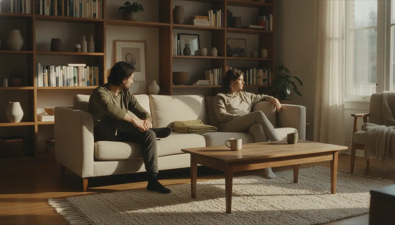 Two adults sitting at opposite ends of a long sofa in a book-lined living room, each of them looking away from the other.