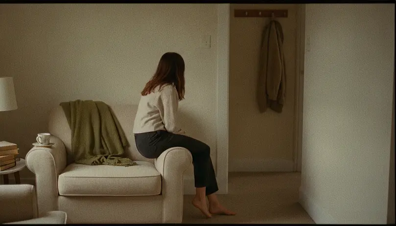 A woman sitting on the arm of a low armchair in a quiet room, seen from behind, her head turned toward an unlit hallway.