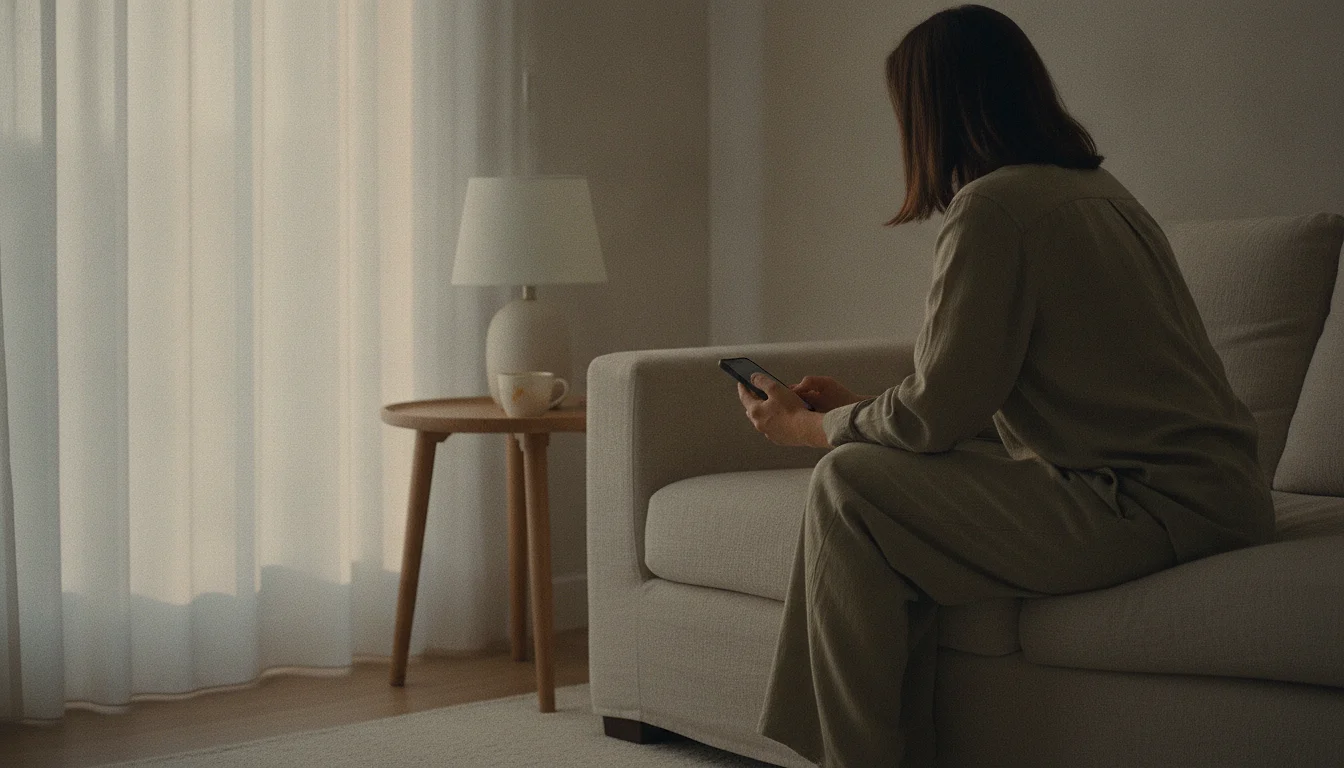 A woman sitting on the front edge of a sofa in a quiet living room, phone in both hands, seen from behind and to the side.