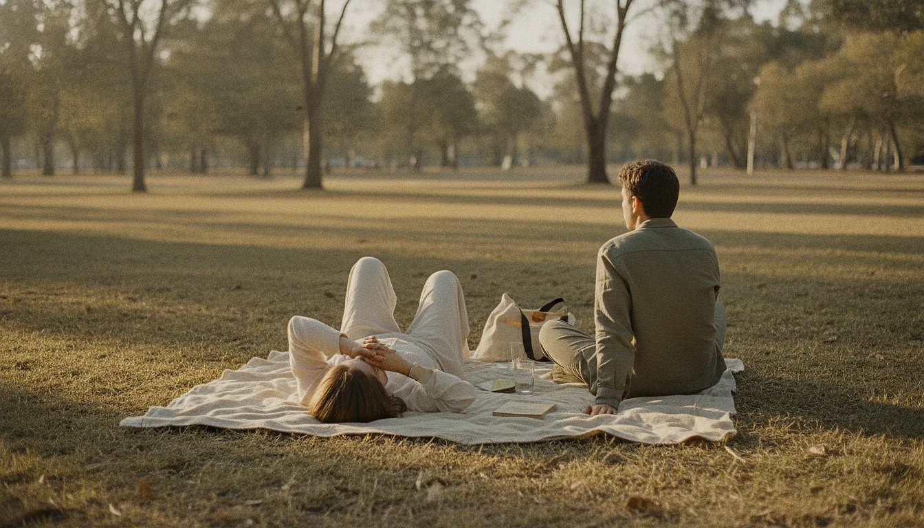 A couple on a blanket in a park, one lying back and one sitting upright looking away into the middle distance.