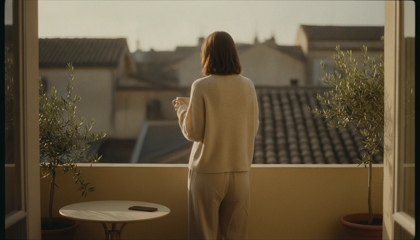 A person standing on a small balcony in the morning holding a mug, back to the camera, a phone left screen-down on the table behind.