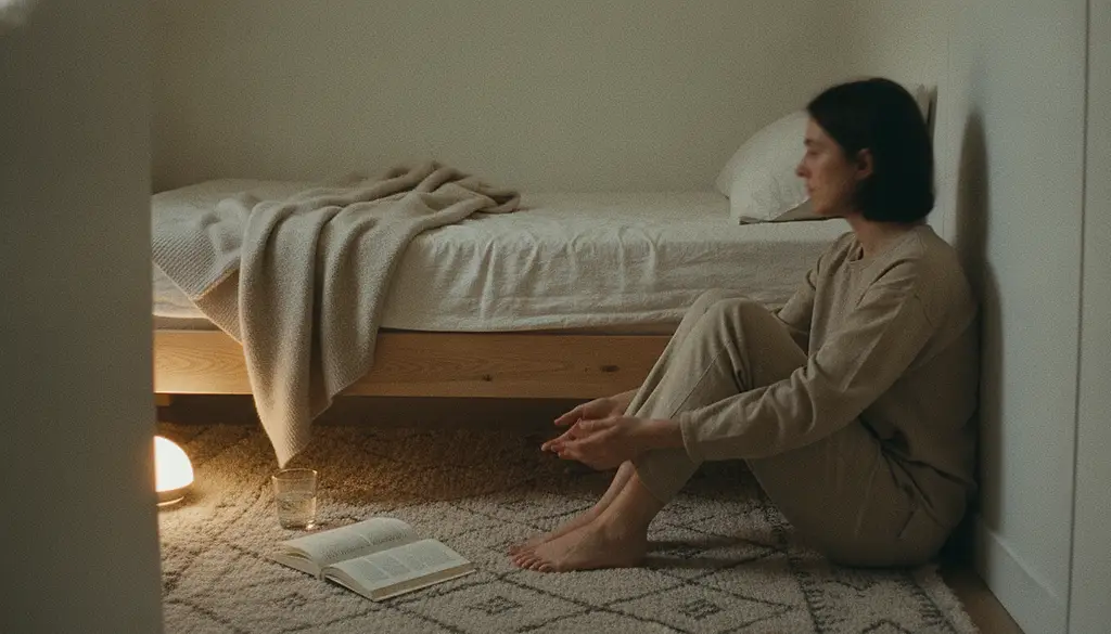 A woman sitting on a rug with her back against the bedroom wall beside a bed, seen from the side, hands loosely clasped at one knee.