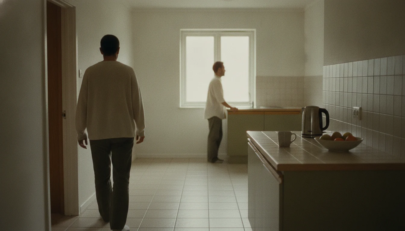 A kitchen with two people at opposite ends: one taking a step forward, the other turned toward the window.