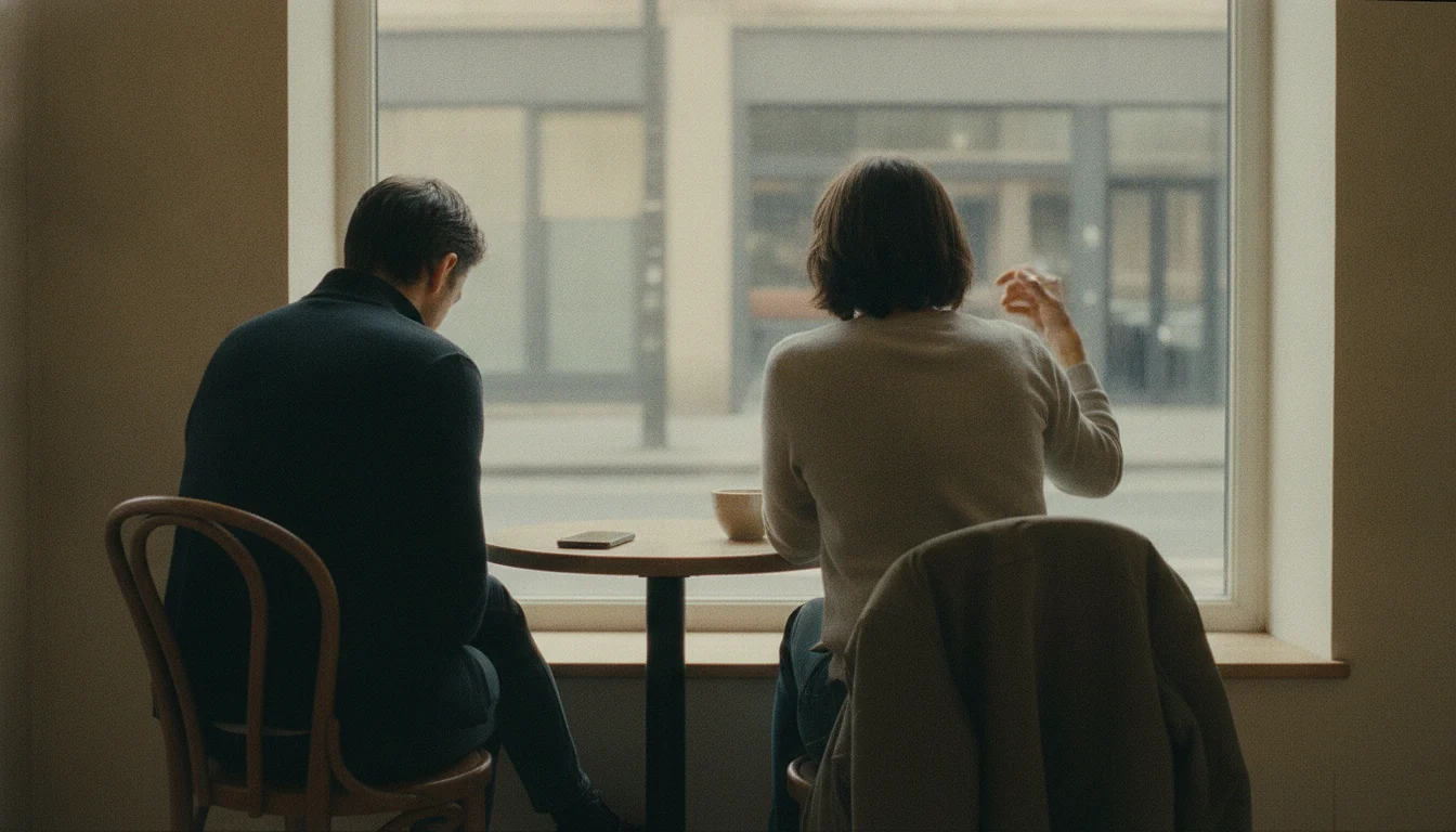 Two people at a cafe table by a window, both seen from behind; a phone lies on the table and one of them has stopped mid-gesture.