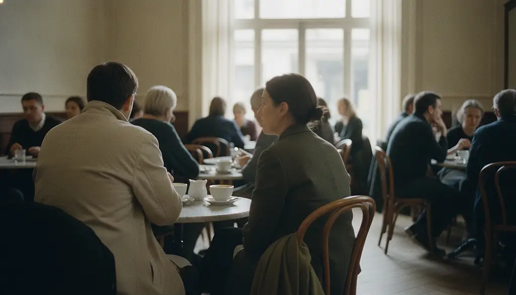Two adults at a small marble table in a busy daytime cafe, one seen from behind and the other in profile, both with their coats still on.